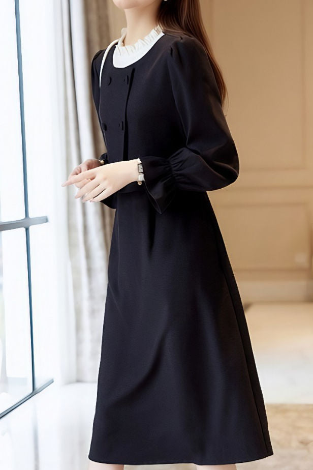 black two-piece dress casual Casual Versatile Ruffled Crew Neck Fake Two-Piece Dress