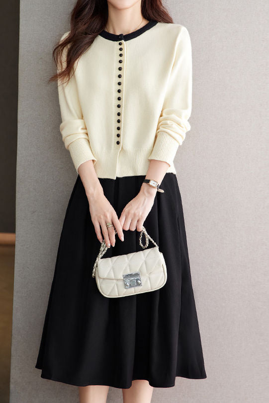 Casual Versatile Color-Block Knitted Cardigan A-Line Skirt 2-Piece Set liwisi Casual Versatile Color-Block Knitted Cardigan A-Line Skirt 2-Piece Set liwisi