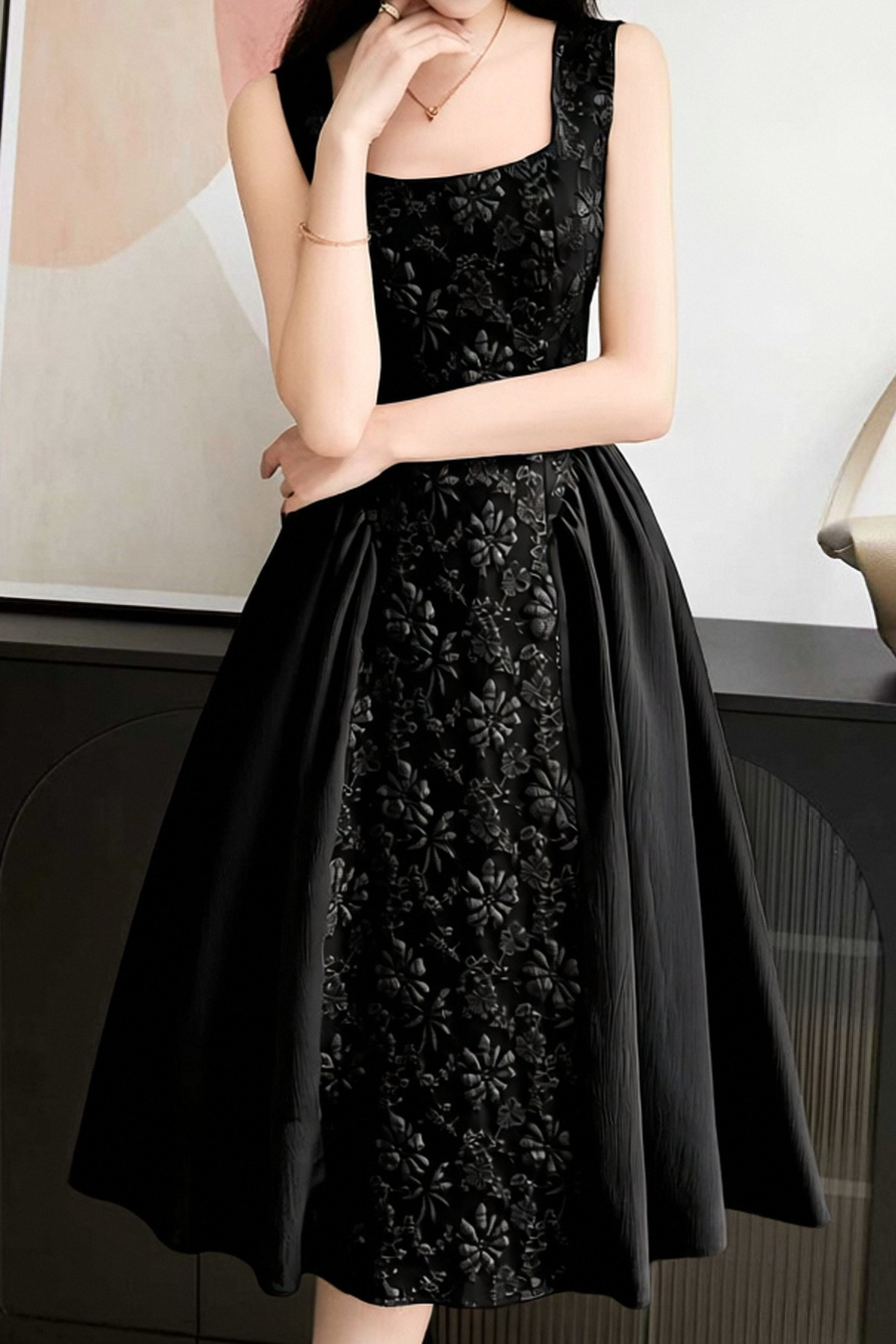 Elegant Square Neck Floral Jacquard Midi Dress liwisi Elegant Square Neck Floral Jacquard Midi Dress liwisi