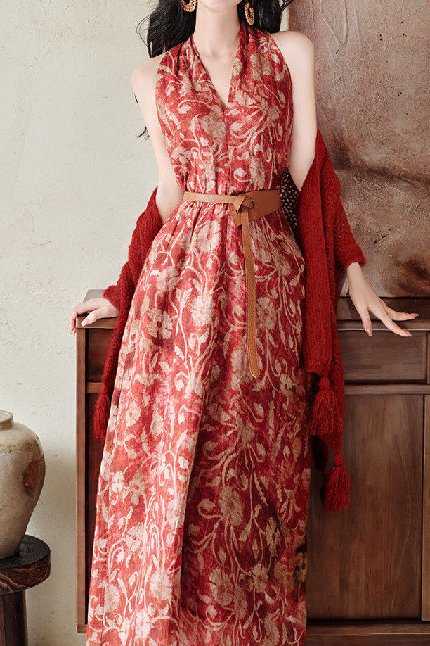 Casual Vintage Print Halter Dress