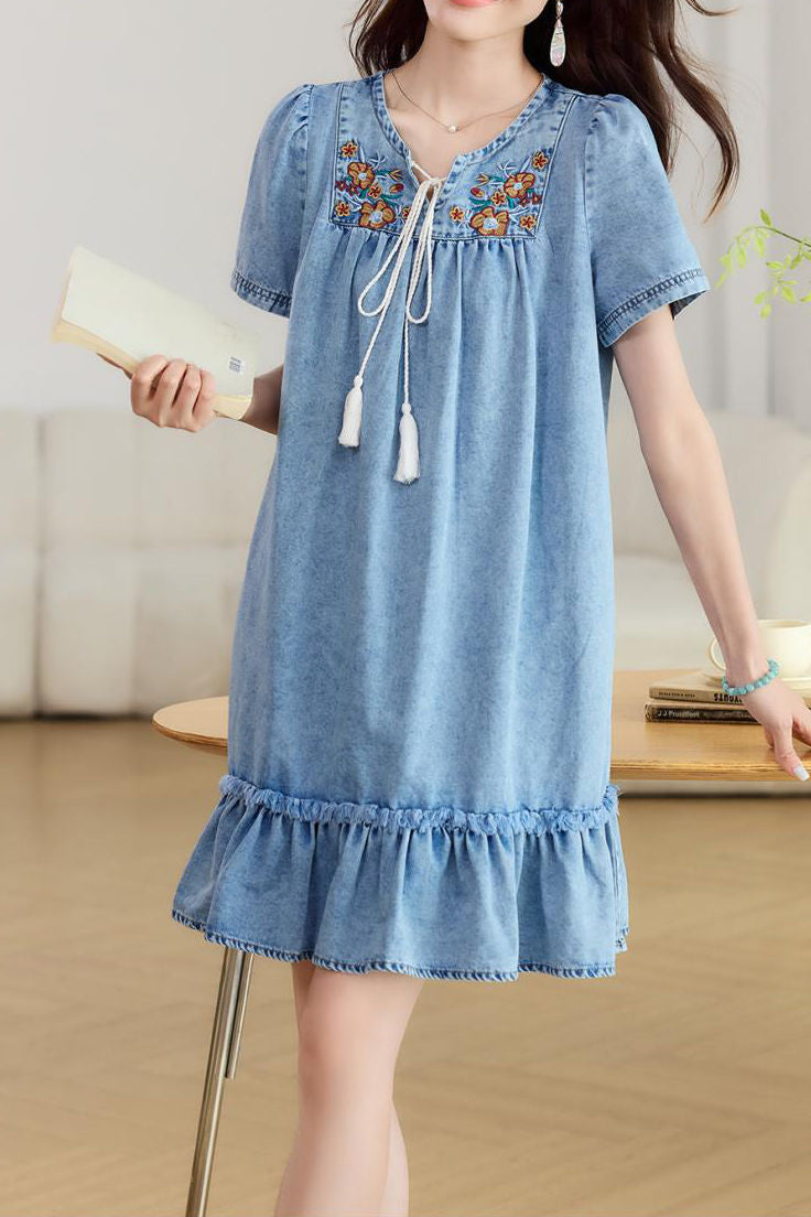 embroidery casual denim dress Petal and Pup Vesper Mini Lightweight denim dress White embroidered detailing Matching denim belt Relaxed collar Snap closures down the front Pockets True to size Body length Lalavon Sleeveless Denim Dress -