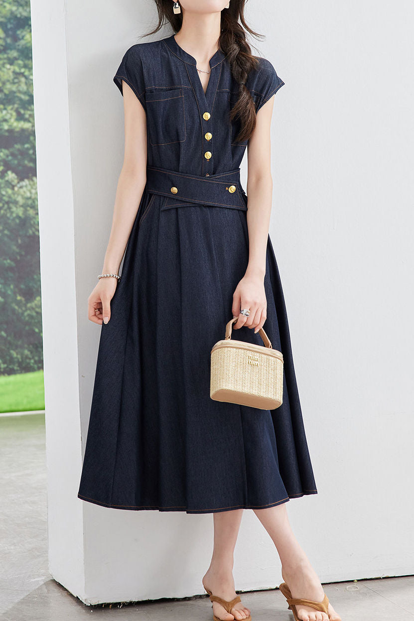Casual Contrast Topstitch Waist-Cinched Denim Dress