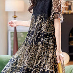 Round neck lace panel printed short sleeve dress - liwisi