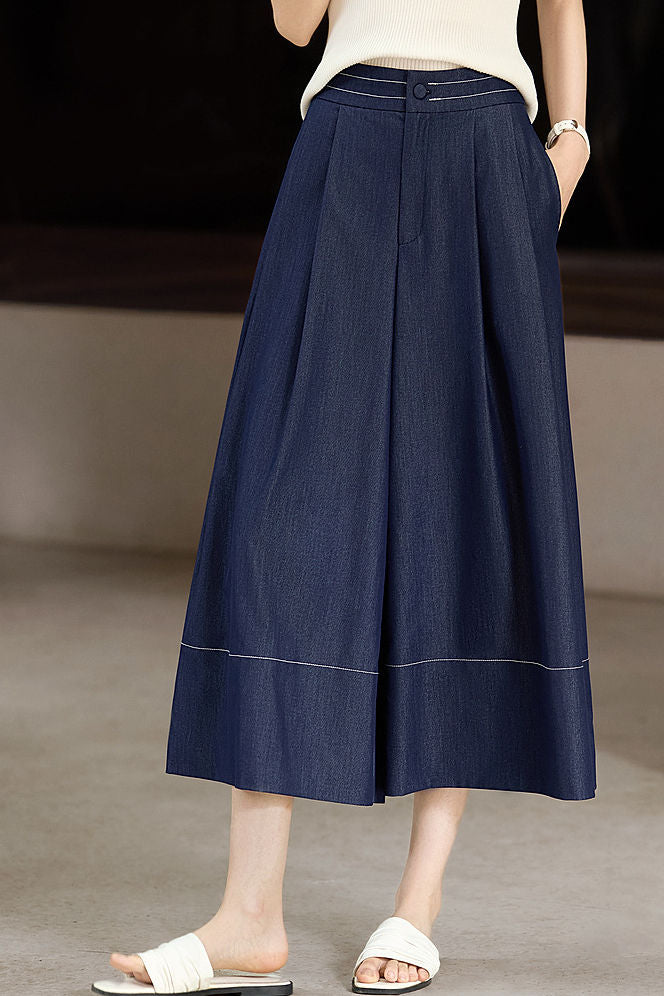 High-waisted plain pleated wide-leg culottes - liwisi