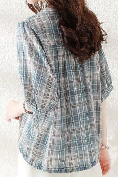 Round stand collar button-up short sleeve loose casual shirt with drawstring hem - liwisi