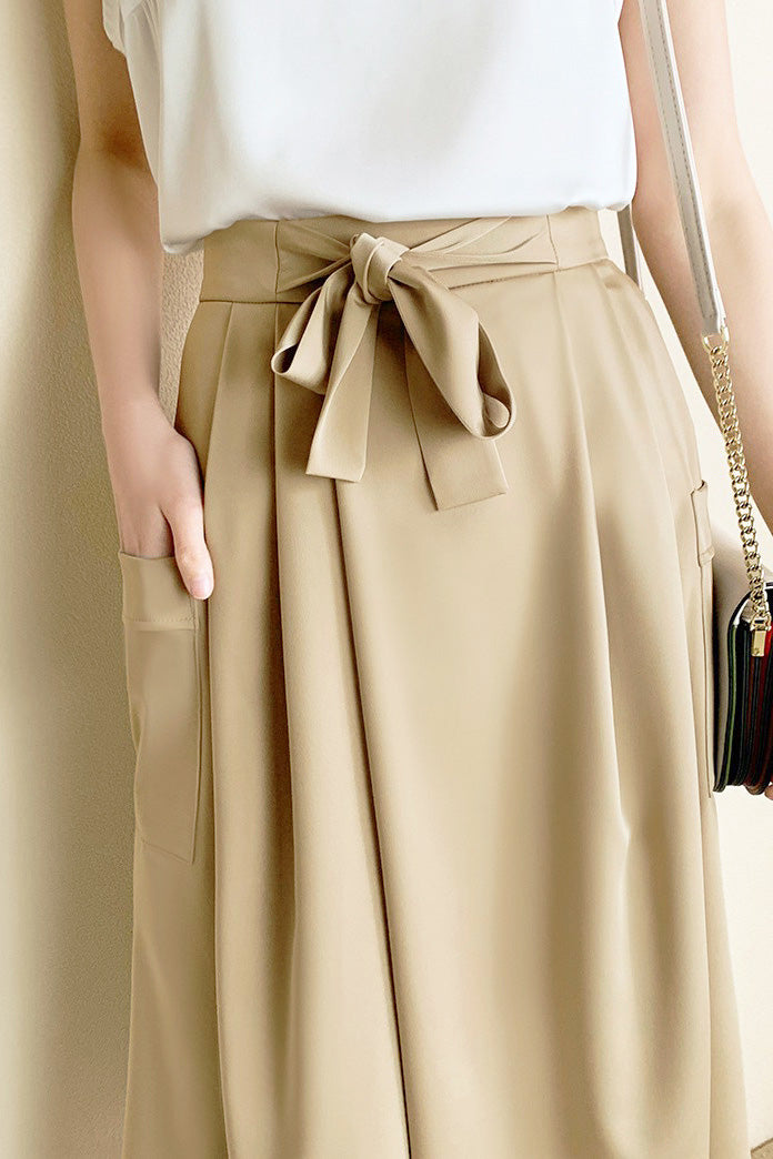 Solid color tie waist wide-leg skirt pants - liwisi
