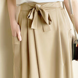 Solid color tie waist wide-leg skirt pants - liwisi