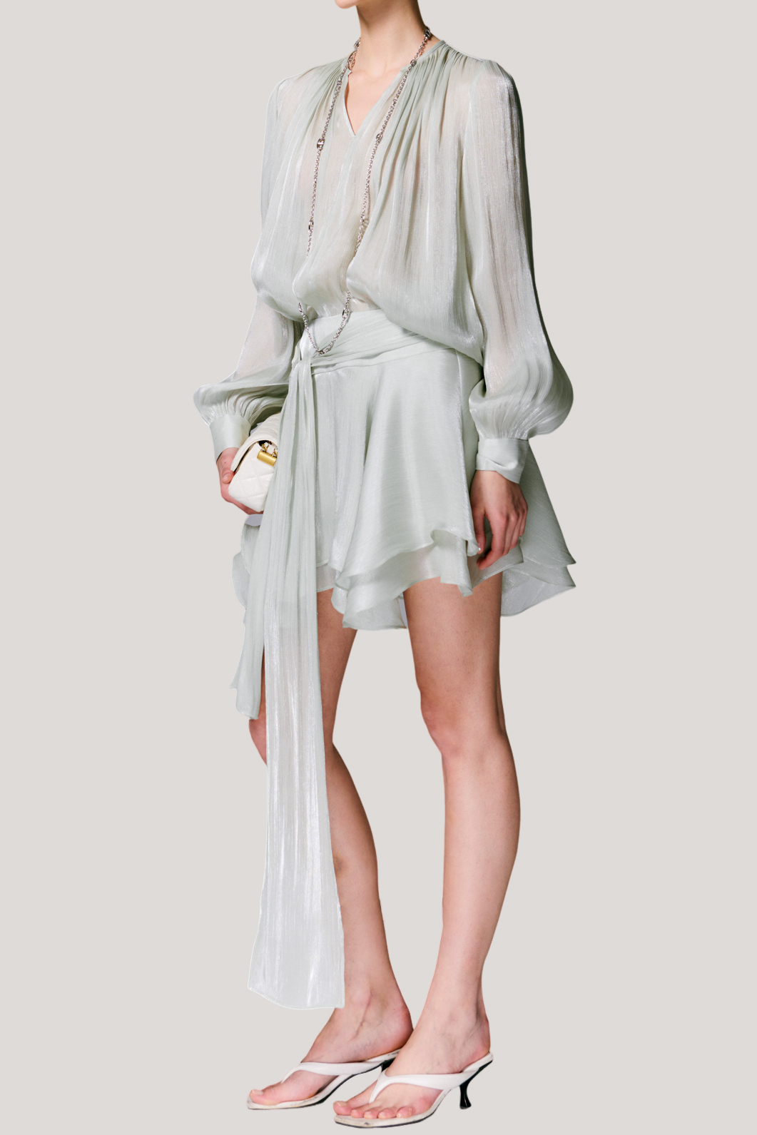 V-neck long sleeve shirt with tie and short skirt two-piece set - liwisi