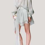 V-neck long sleeve shirt with tie and short skirt two-piece set - liwisi