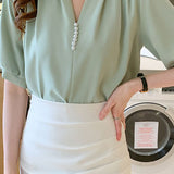 V-neck pearl short sleeve chiffon shirt - liwisi