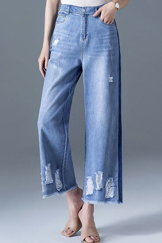 Color block frayed straight leg jeans - liwisi