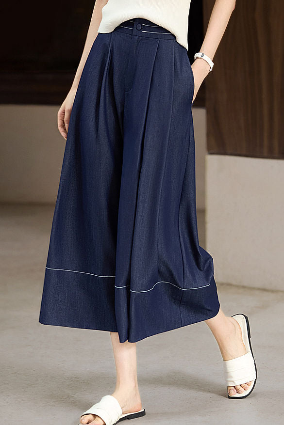 High-waisted plain pleated wide-leg culottes - liwisi
