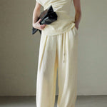 Textured off-shoulder fitted top with side pleats, loose pleated wide-leg pants two-piece set - liwisi