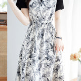 Color block printed faux two-piece dress - liwisi