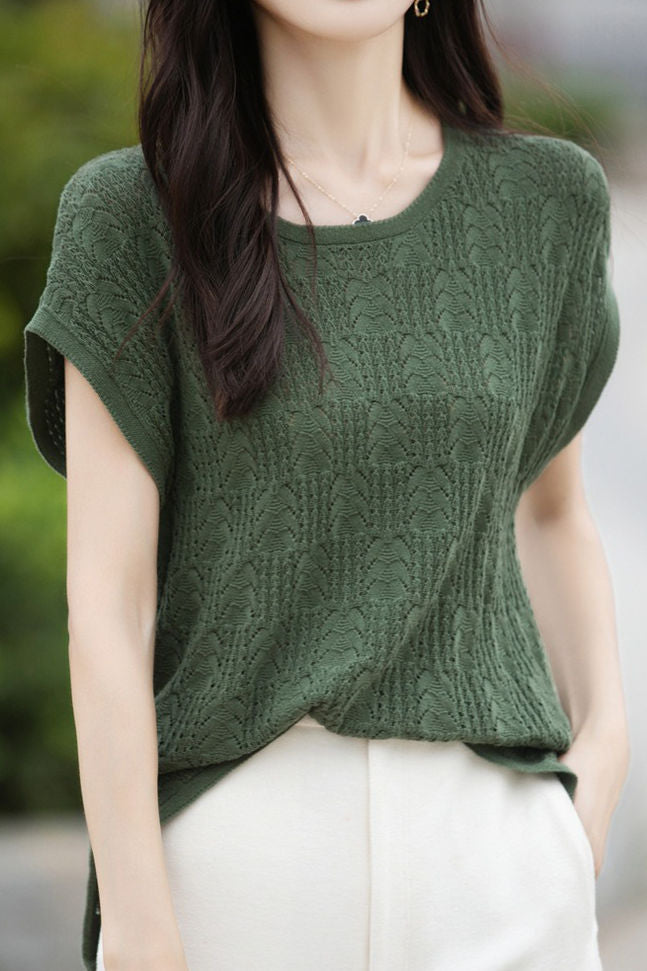 Hollow lace knit T-shirt - liwisi