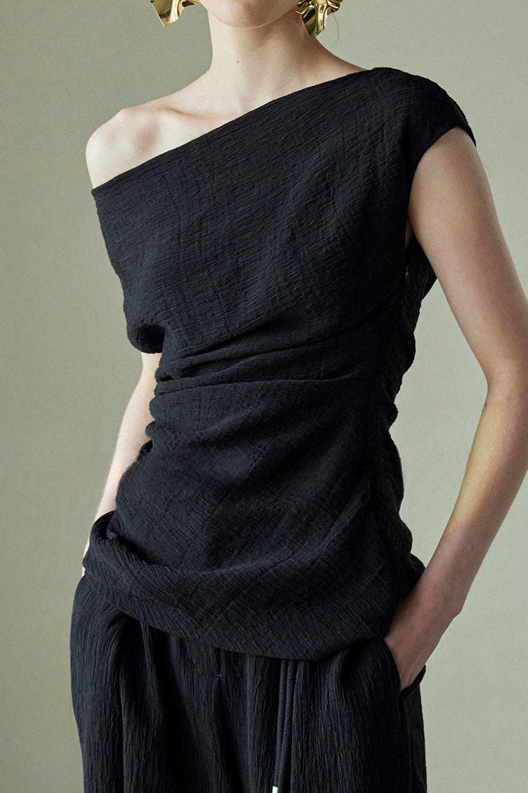 Textured off-shoulder fitted top with side pleats, loose pleated wide-leg pants two-piece set - liwisi