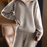 Two-Piece Set: Collared Knit Top + Knit Straight Pants - 4 Colors Available - liwisi