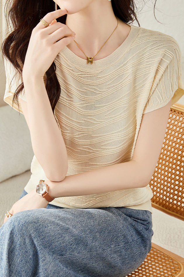 Solid color textured knit T-shirt - liwisi