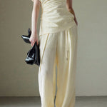 Textured off-shoulder fitted top with side pleats, loose pleated wide-leg pants two-piece set - liwisi