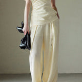 Textured off-shoulder fitted top with side pleats, loose pleated wide-leg pants two-piece set - liwisi