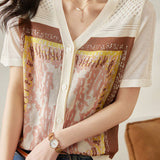 V-neck short sleeve knitted cardigan with graphic print - liwisi