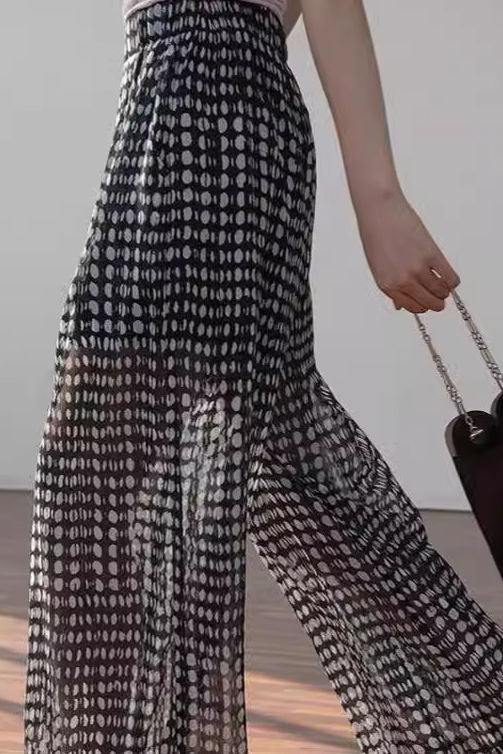 Black and white polka dot casual high-waisted wide-leg pants - liwisi