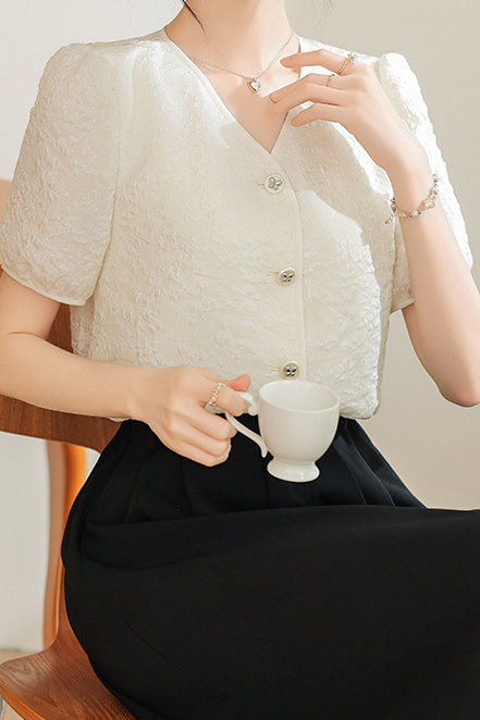 A-line bubble short sleeve button-up shirt - liwisi