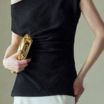 Textured off-shoulder fitted top with side pleats, loose pleated wide-leg pants two-piece set - liwisi