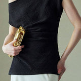 Textured off-shoulder fitted top with side pleats, loose pleated wide-leg pants two-piece set - liwisi