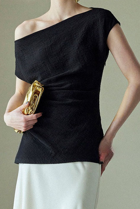 Textured off-shoulder fitted top with side pleats, loose pleated wide-leg pants two-piece set - liwisi