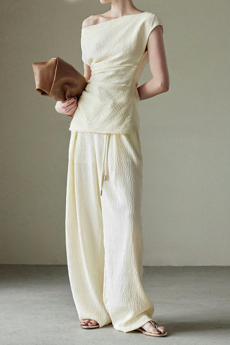 Textured off-shoulder fitted top with side pleats, loose pleated wide-leg pants two-piece set - liwisi