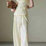 Textured off-shoulder fitted top with side pleats, loose pleated wide-leg pants two-piece set - liwisi