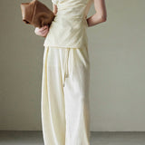 Textured off-shoulder fitted top with side pleats, loose pleated wide-leg pants two-piece set - liwisi