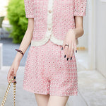 Round neck short sleeve hollow top and shorts two-piece set - liwisi