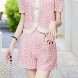 Round neck short sleeve hollow top and shorts two-piece set - liwisi