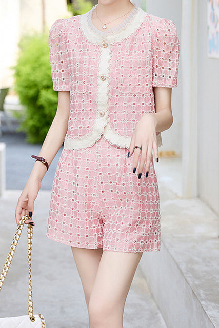 Round neck short sleeve hollow top and shorts two-piece set - liwisi