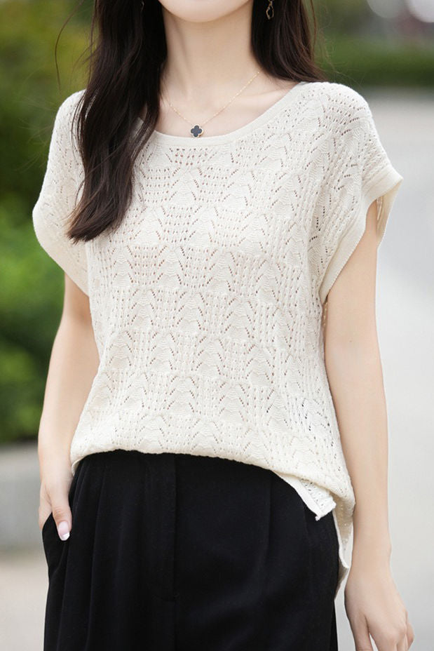 Hollow lace knit T-shirt - liwisi