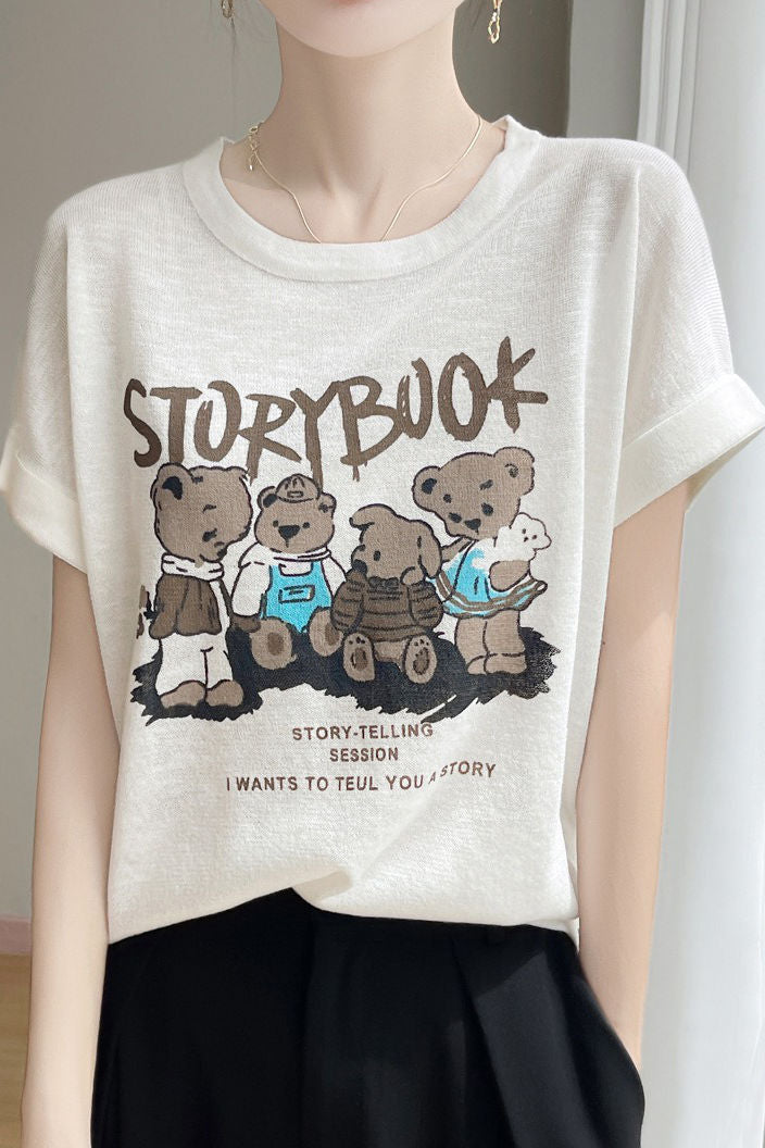 Lettered bear graphic short sleeve T-shirt - liwisi