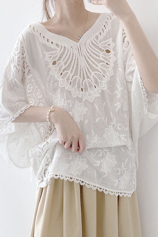 Hollow Embroidered Batwing Sleeve Top - liwisi