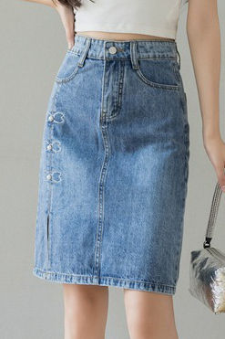 Embroidered beaded high-waisted slit denim skirt - liwisi