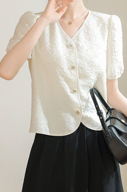 A-line bubble short sleeve button-up shirt - liwisi