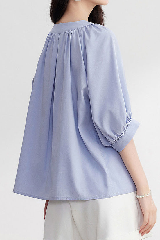 Casual gathered raglan lantern sleeve shirt - liwisi