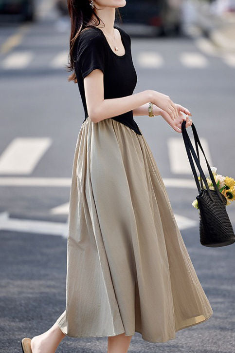 Color block faux two-piece dress - liwisi