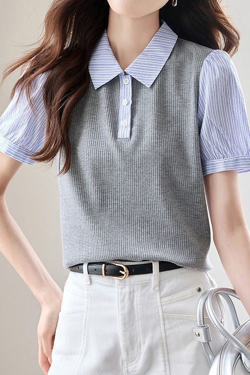 Trendy faux two-piece striped shirt - liwisi
