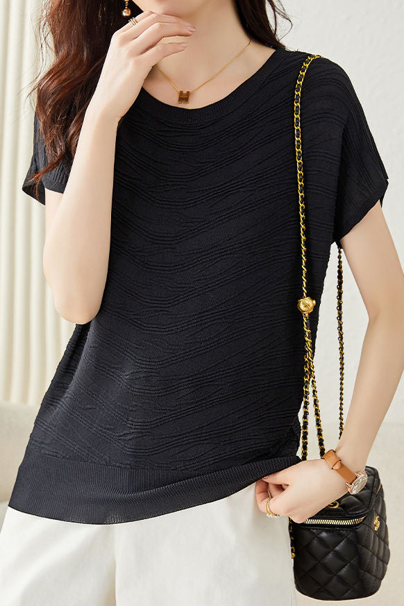 Solid color textured knit T-shirt - liwisi