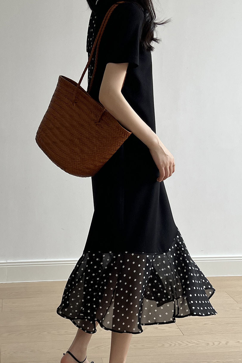 Spliced polka dot solid color dress - liwisi