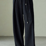 Textured off-shoulder fitted top with side pleats, loose pleated wide-leg pants two-piece set - liwisi