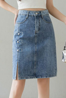 Embroidered beaded high-waisted slit denim skirt - liwisi