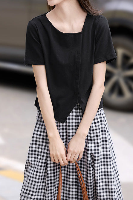 Side-slit short sleeve T-shirt with A-line plaid skirt set - liwisi