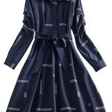 Geometric Print Croissant Sleeve Flare Shirt Dress - liwisi